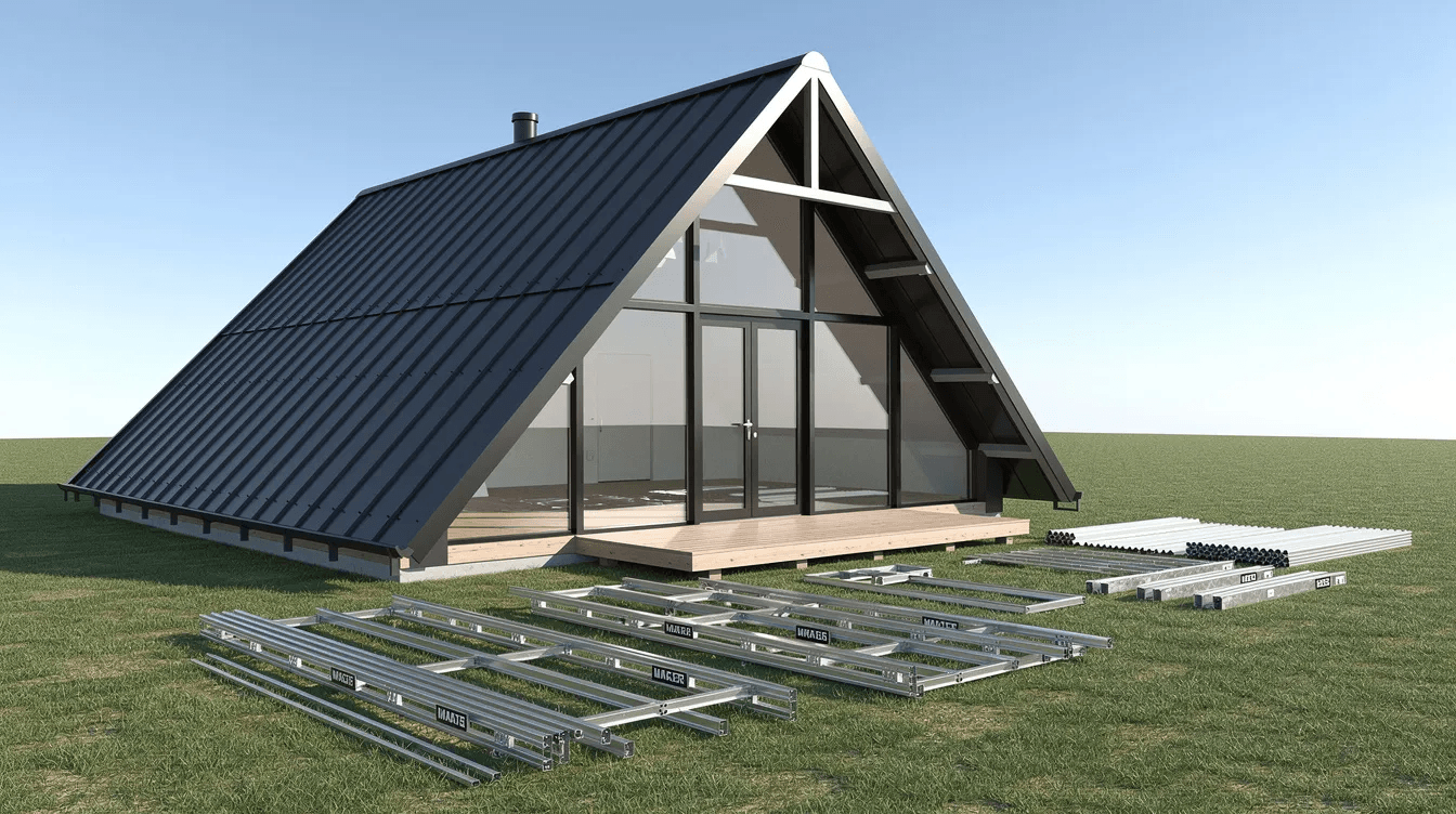53d91241e637440294f927541240542c The image depicts a modern metal A frame house kit showcasing its sleek design and structural integrity This tiny house features customizable exterior and interior walls roof panels and offers various add ons for a primary residence or vacation home highlighting its efficiency and quality materials
