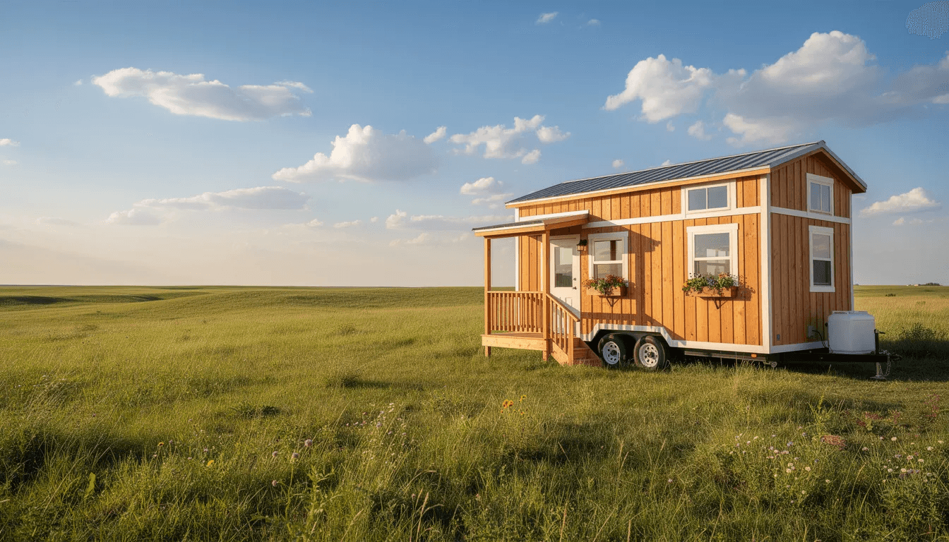 5472d7e49fb4450e856b7f37e859b41e A charming tiny home on wheels is parked in a grassy landscape in Kansas under a bright blue sky showcasing the beauty of tiny homes as an affordable and sustainable housing option This delightful example of a tiny house offers a cozy space for those dreaming of a simpler life in Wichita KS