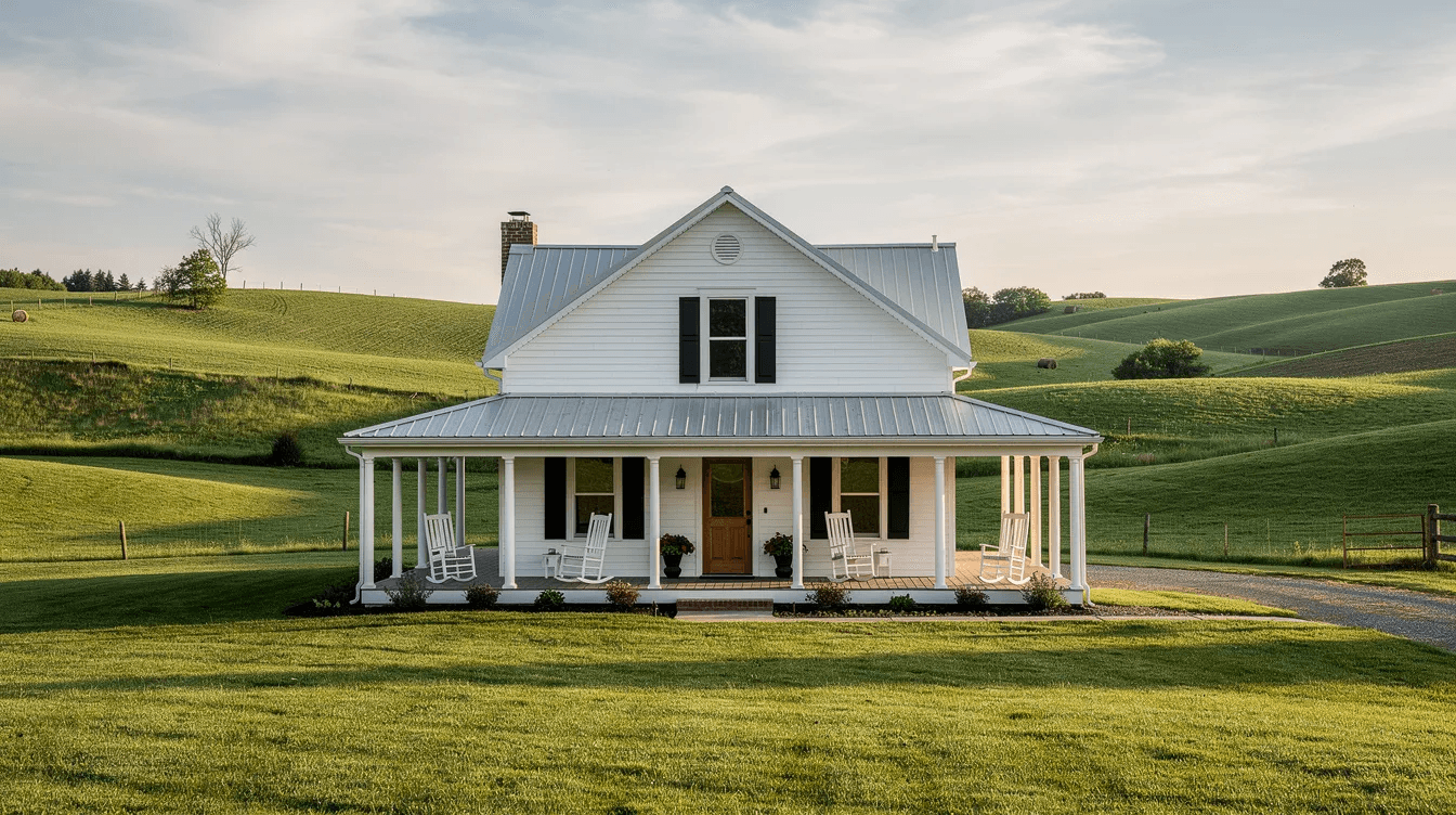 A classic white farmhouse with a charming wraparound porch is nestled against rolling green hills showcasing traditional country style and inviting outdoor living This country home design reflects timeless appeal and offers a spacious living area filled with natural light