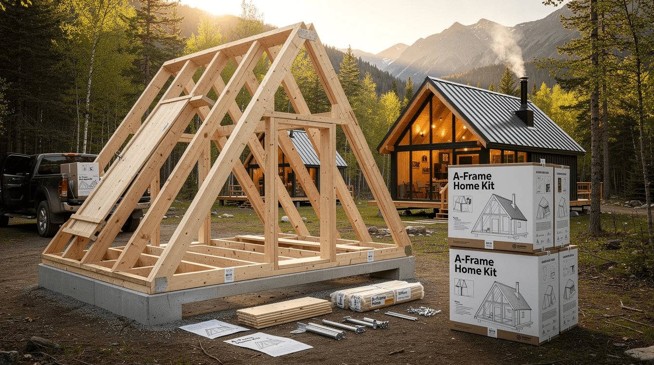5790c813b17245b3a97cab2b2fdf090d The image showcases a stylish A frame home kit featuring a steeply angled roofline and large windows that allow for ample natural light This eco friendly structure is designed with energy efficiency in mind making it an ideal choice for both primary residences and vacation homes