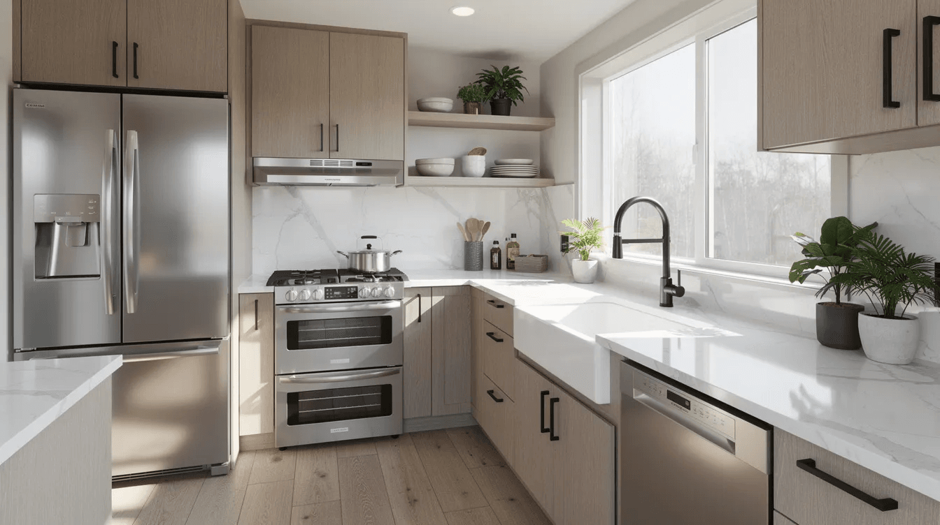 The image showcases the interior of a luxury tiny home kitchen featuring sleek quartz countertops full size appliances and abundant natural light streaming through large windows creating a warm and inviting atmosphere perfect for tiny living in Oregon The modern design emphasizes both functionality and style making it a beautiful and comfortable space for cooking and entertaining