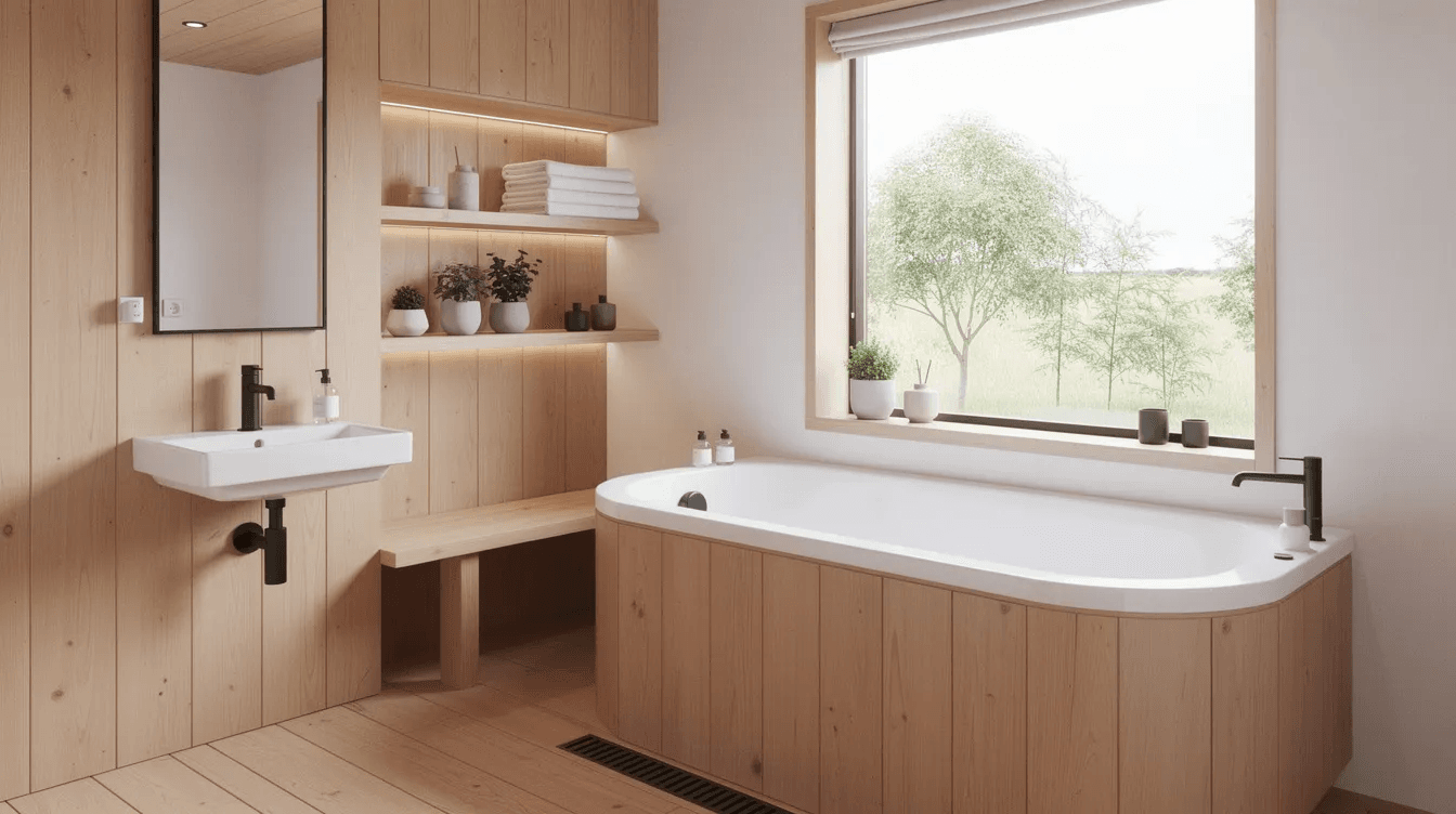 58a09cac8b644968a38d3f5e9b02e27b The image features a modern Japanese soaking tub situated in a compact bathroom of a tiny house showcasing elegant wood details and a cozy design that emphasizes comfort and relaxation The soaking tub is designed to fit seamlessly into the space making it a perfect addition for those embracing tiny living