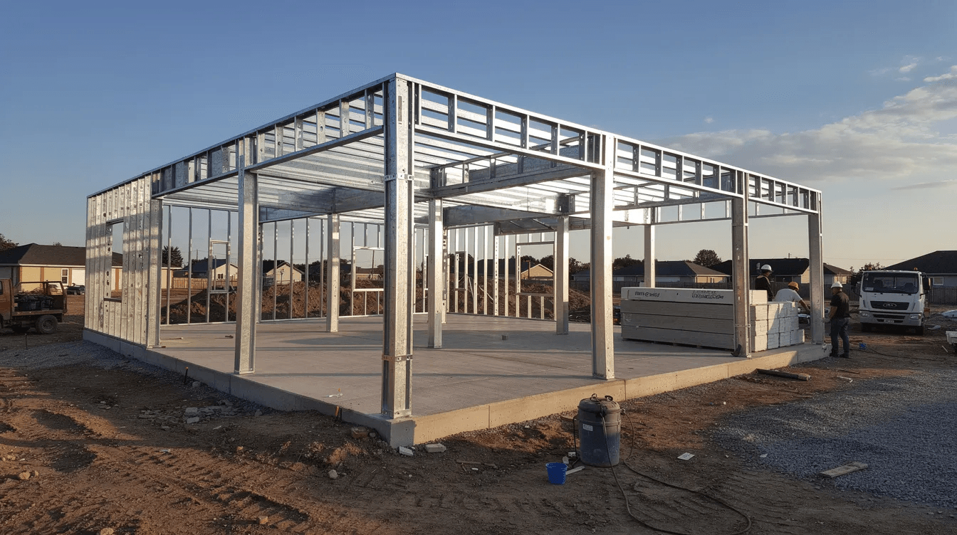 5a280e21225d48afa18fa4378cf2568f The image showcases a modern metal frame home emphasizing its steel framing and energy efficiency features The house is designed with large windows and a steel roof highlighting its durability and customization options for future needs