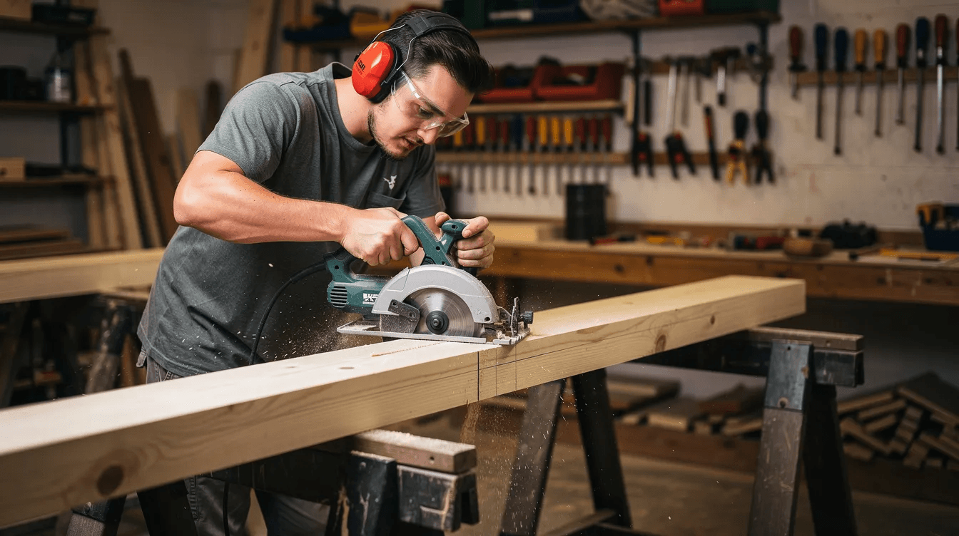 A person is using a circular saw to cut lumber on sawhorses in a workshop surrounded by tools and materials for building a tiny house This scene highlights the practical skills and tools involved in tiny house building projects