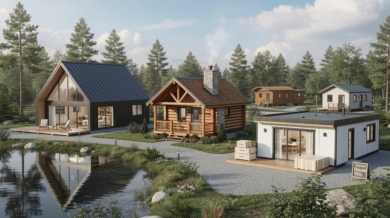 5abc04ab8c064e62a539e76b052b9e38 The image showcases various types of house kits including a sleek A frame house kit ideal for a tiny house or vacation home by a lake as well as rustic Post Beam cabin kits that emphasize traditional craftsmanship Each kit is designed with quality materials offering options for customization and efficient assembly to create your dream home