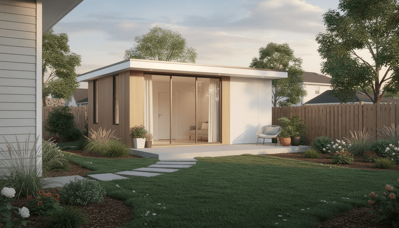 A modern prefab ADU is showcased in a suburban backyard surrounded by well maintained landscaping providing additional living space for homeowners or adult children This sustainable housing solution emphasizes efficient design and quality construction making it an attractive option for affordable housing in California