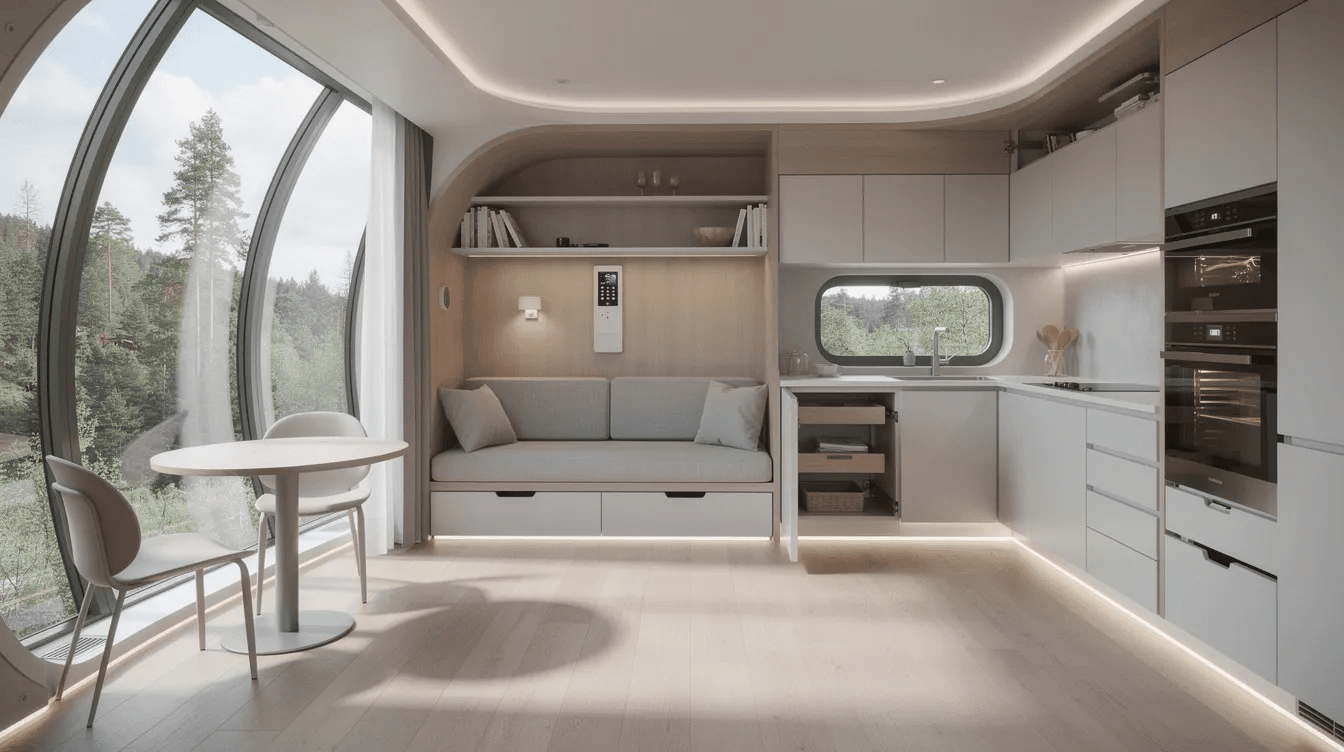 The image depicts the interior of a modern capsule house featuring an open plan living area with panoramic windows a compact kitchen and built in furniture designed for efficient use of space This tiny home exemplifies modular design and modern living showcasing a harmonious blend of functionality and eco friendliness
