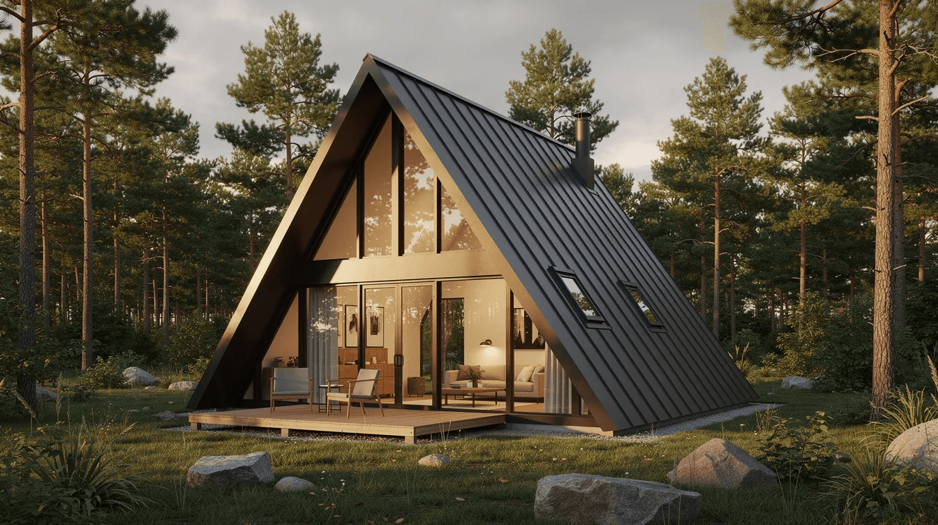 5c29ac9b4fc8444e9e41ee60164d7847 The image depicts a modern metal A frame house showcasing its sleek exterior walls and distinctive triangular roof design ideal for a vacation home or primary residence This tiny house features a customizable floor plan highlighting the efficient use of space with a cozy living area and loft emphasizing its structural integrity and quality materials