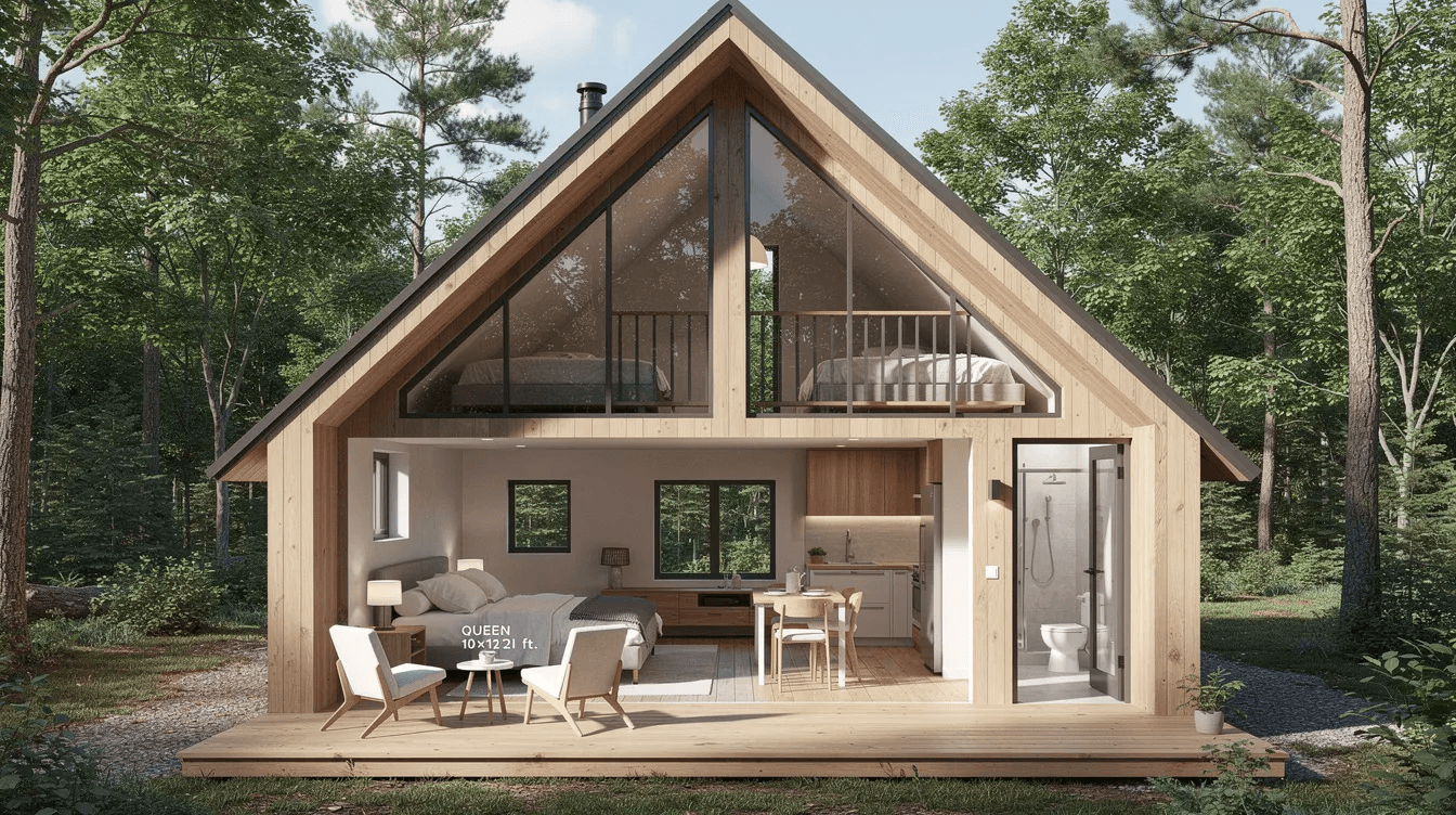 This image depicts the floor plan of a 750 sq ft A frame house featuring a main floor queen bedroom measuring 10×12 ft an open living kitchen area and a full bathroom along with a 200 sq ft guest loft above Ideal for couples seeking a cozy weekend escape this design emphasizes natural light and efficient use of space within its triangular shape and steeply pitched roof