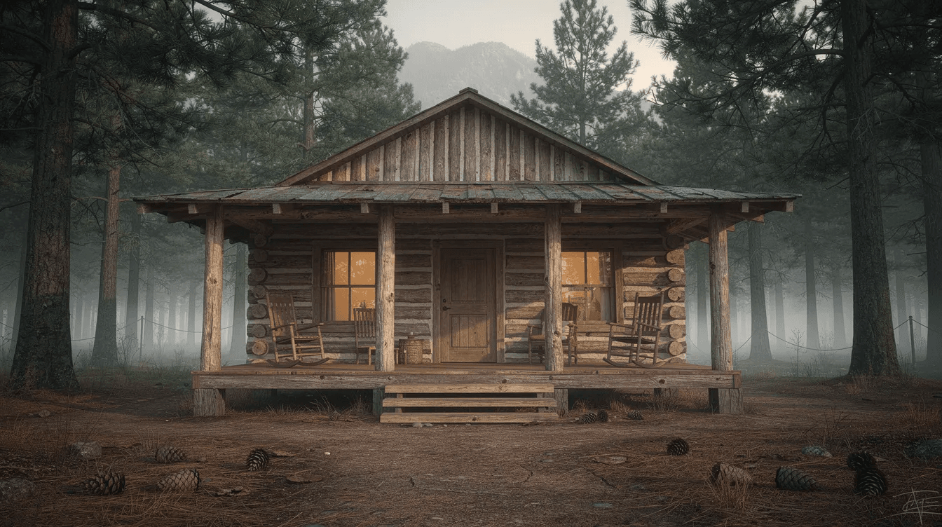 A rustic log cabin with a covered front porch is nestled among tall pine trees showcasing the charm of a dream log cabin The natural wood finish and surrounding landscape create a serene retreat ideal for those seeking a cozy log home experience