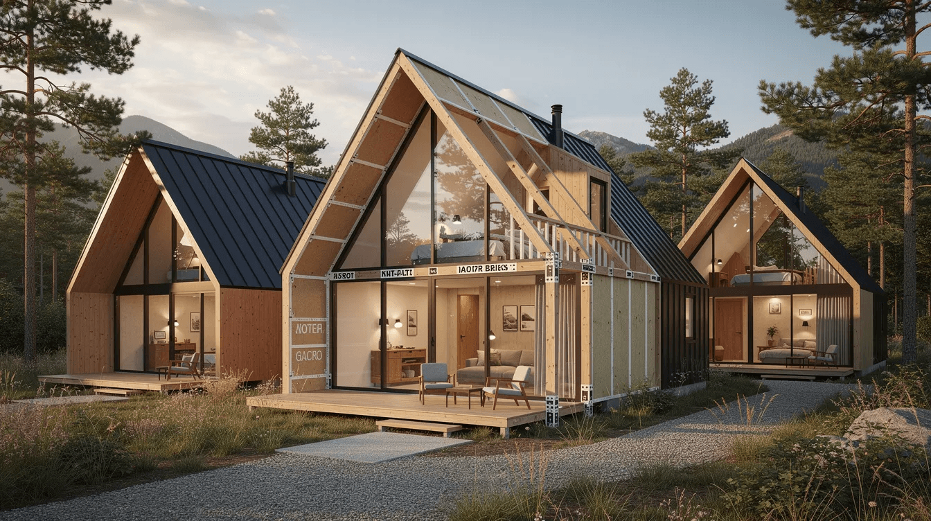 5e4a9e83499b4dbc97638becd9773f50 The image showcases a charming A Frame kit home featuring a steeply pitched roof and large windows that allow natural light to flood the living space This cozy structure designed for both vacation and primary residence use combines modern craftsmanship with the beauty of nature creating an inviting atmosphere for relaxation and comfort