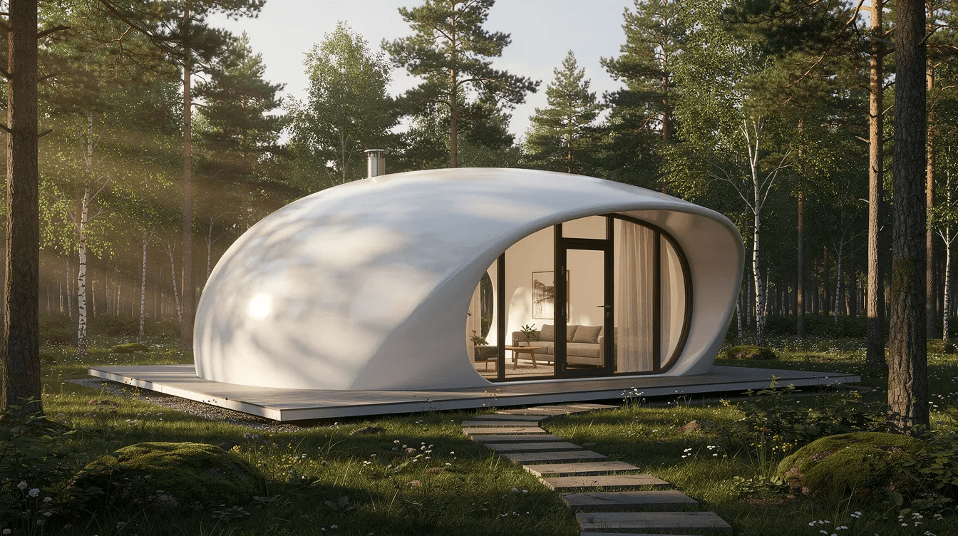 6012d5556ea74fef9b7e58660869a2b8 A modern dome shaped fiberglass house with large windows is nestled in a forest clearing showcasing its innovative design and energy efficient features This lightweight and durable structure exemplifies the benefits of modular construction providing customization options for future homeowners