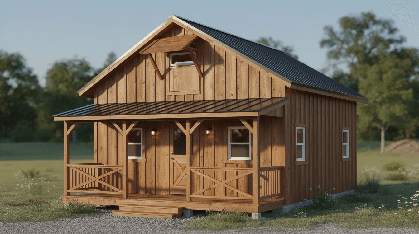 The image depicts a charming two story barn style wooden shed featuring a small front porch perfect for enjoying the outdoors This cozy structure embodies the tiny house craze providing ample usable floor space for a comfortable living area and a potential personal day spa