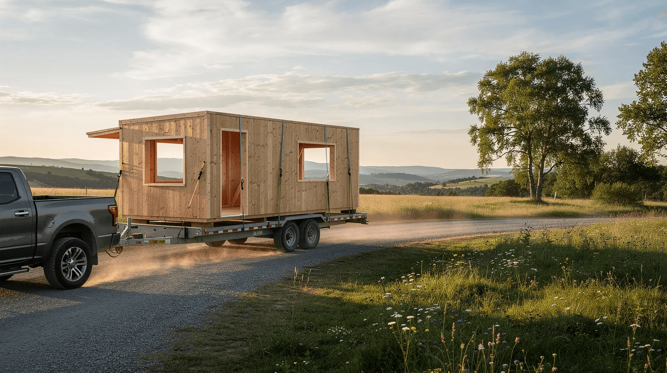 A cabin shell is being delivered on a flatbed trailer to a rural property showcasing the beginning of a dream cabin project The structure features wall studs and is ready for installation on a concrete pad offering a solid foundation for future customization and interior development