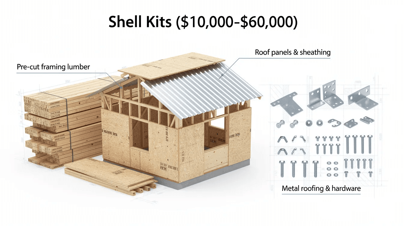 The image showcases a variety of shell kits for building priced between 000 and 000 featuring pre cut framing lumber roof panels and metal roofing for constructing energy efficient tiny houses or vacation homes These prefabricated components are designed to create a weatherproof envelope making the building process accessible for many homeowners interested in DIY projects
