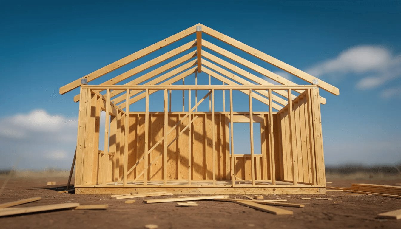 The image depicts the construction framing of a tiny house cabin showcasing wooden studs and roof trusses against a clear blue sky illustrating the early stages of a custom tiny home project This structure reflects the principles of the tiny house movement emphasizing sustainable living practices and compact dwellings