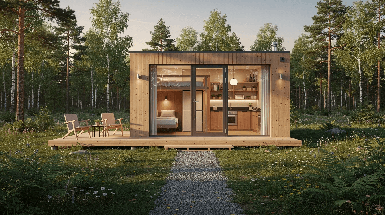 The image showcases a beautifully designed tiny house situated on a lakefront property in Central Oregon featuring panoramic window views and a spacious deck perfect for enjoying nature This luxury tiny home invites guests to experience tiny living with modern amenities including a hot tub and fire pit ideal for relaxation and fun under the stars