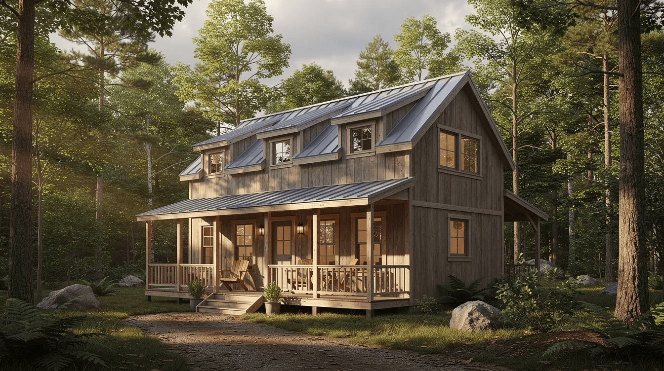 The image depicts a two story shed cabin featuring dormers and a wraparound porch nestled in a serene wooded setting This charming structure could serve as a tiny home or guest house offering a cozy living space surrounded by nature