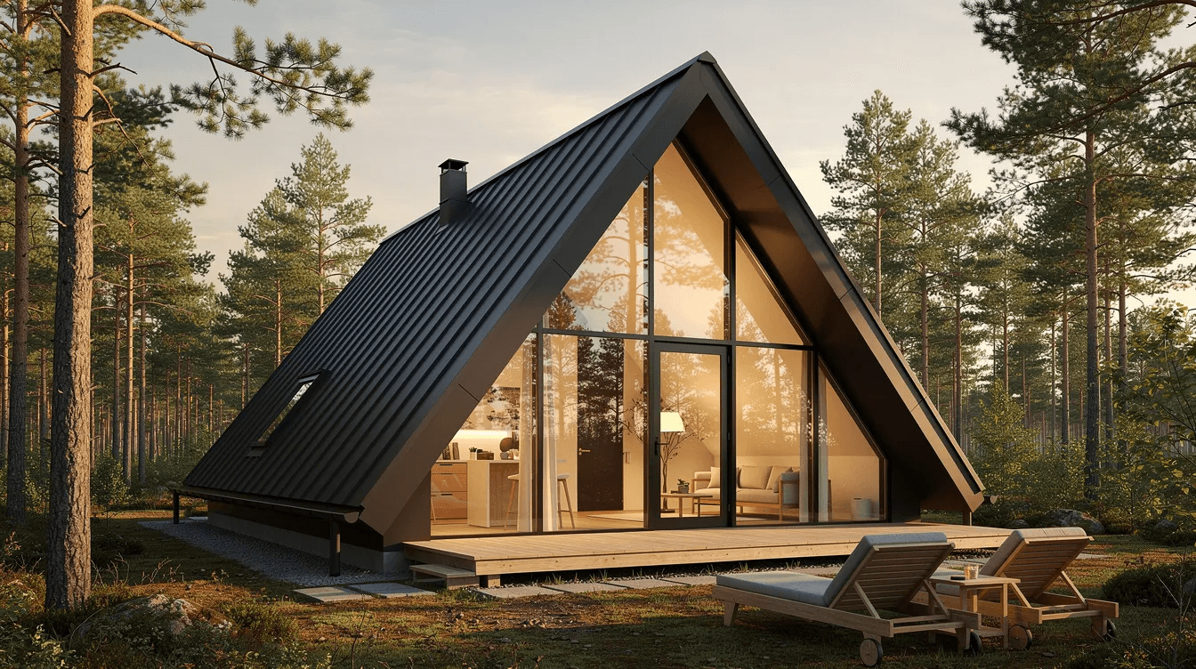 6484011a989f46cda24d31e0c2618fff The image showcases the interior of a contemporary A frame house featuring sloping walls and large windows that allow for an abundance of natural light The warm earthy tones of the furnishings and decor create a cozy living space complemented by natural materials and a focal point fireplace enhancing the overall charm and functionality of the design