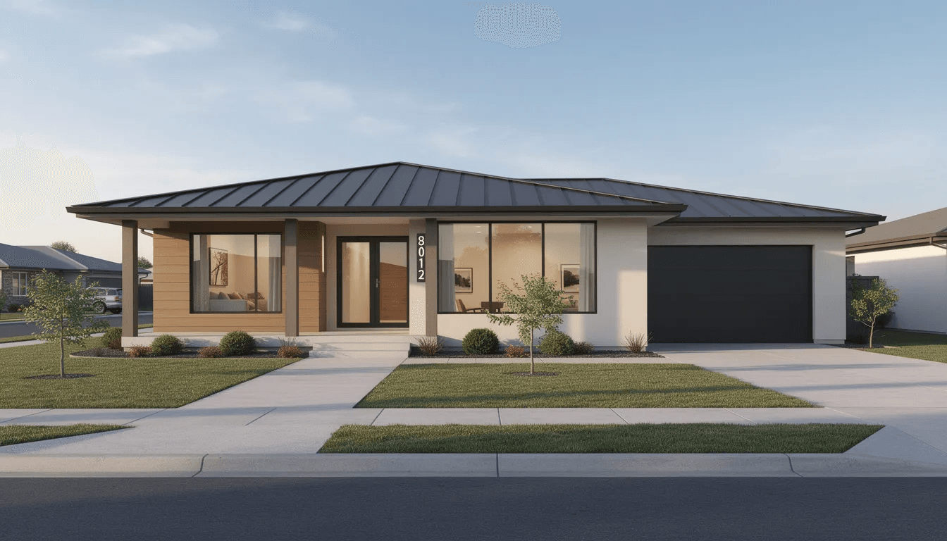 The image depicts a modern single story ranch home featuring a low pitched roof and a covered front porch situated on a suburban lot This ranch style house exemplifies open floor plans with large windows that invite natural light creating a seamless indoor outdoor living experience ideal for young families