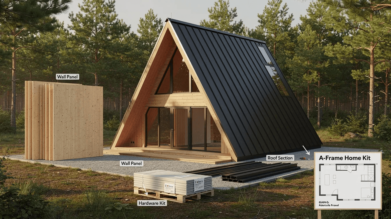 67a76da9d76d4995b640c893aa89fa14 The image showcases a stylish A frame home kit featuring a steeply angled roofline and large windows that allow for ample natural light This eco friendly structure is designed with energy efficiency in mind making it an ideal choice for both primary residences and vacation homes