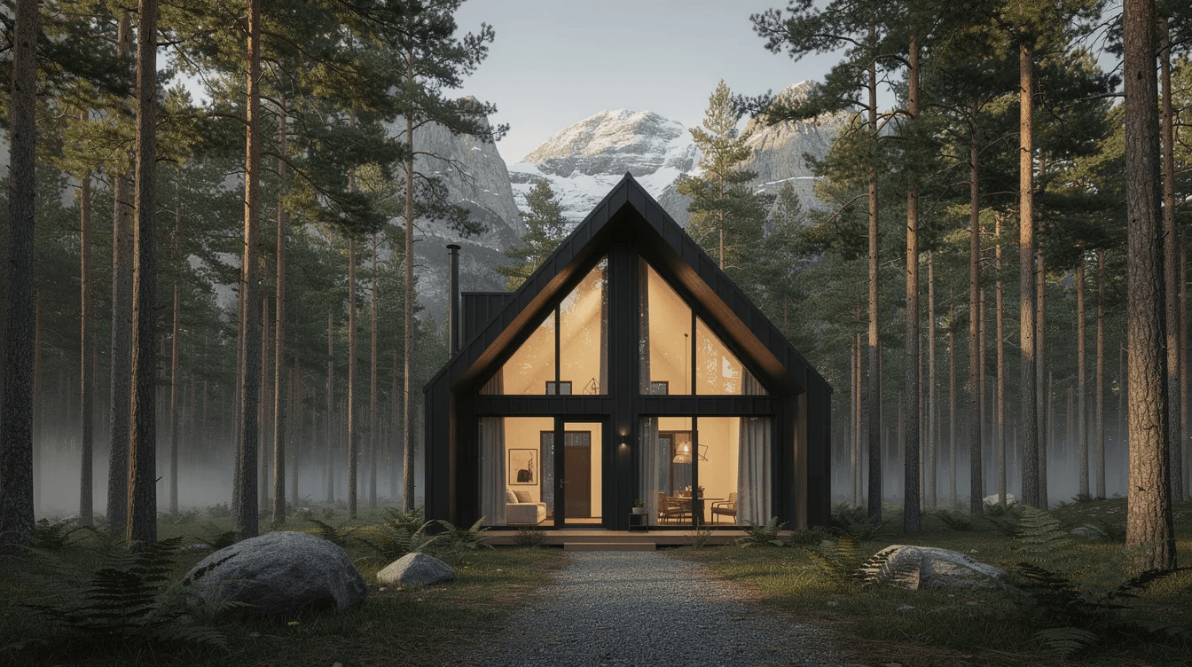6800ac0b713f4703879b358d9fa90daa A modern A frame cabin with a steeply pitched roof stands amidst tall pine trees offering a stunning view of the mountains in the background This vacation home features large windows that allow natural light to flood the living space creating a cozy and comfortable atmosphere in this dream home