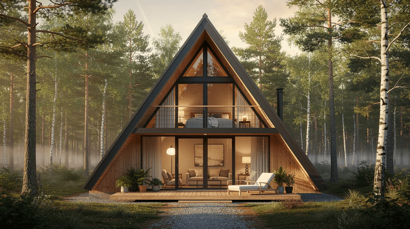 The image depicts a modern A Frame loft house with large windows and a sloped roof showcasing the architectural design that maximizes living space and natural light The exterior features a combination of wood and glass emphasizing the house's connection to nature, while the layout includes a master suite and a great room, making it a perfect dream home for families.