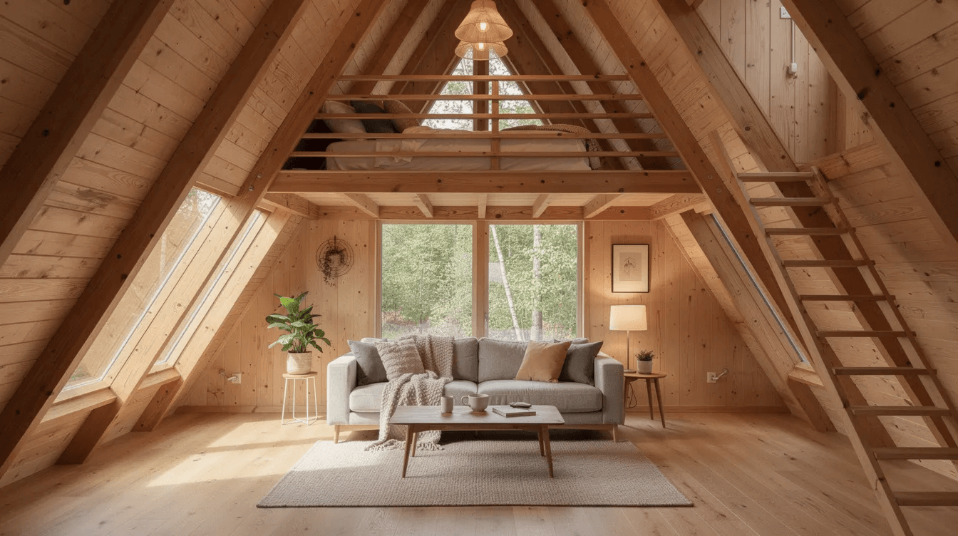 68cd572d13454ab9bc153cf7ff17ac2c The image depicts the interior of an A frame home showcasing an open living space with a sleeping loft characterized by steeply angled rooflines and large windows that allow for abundant natural light The wooden beams and built in cabinets add charm to the eco friendly design making it a perfect vacation home or primary residence for many homeowners