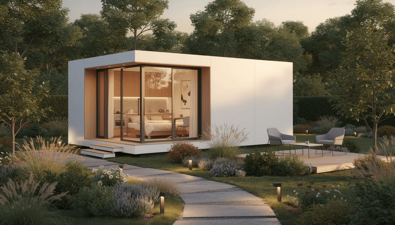 A modern self contained living pod with large windows is nestled in a beautifully landscaped garden offering a bright and inviting outdoor living space This compact unit is designed with high quality materials providing a comfortable and sustainable lifestyle option for those seeking extra living space