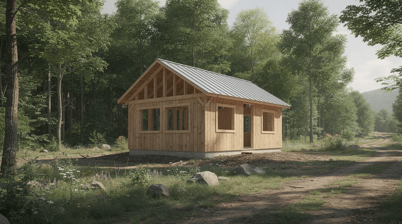 The image shows the exterior view of a rustic cabin shell situated on a wooded rural property surrounded by tall trees The cabin features wall studs and a roof indicating the early stages of construction inviting those exploring options for their dream cabin