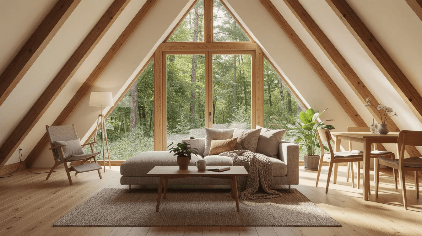 6ce7a456737748a0866513f0cf3bee27 The image depicts the interior of a bright A frame cabin showcasing exposed wooden beams and large triangular windows that flood the space with natural light offering a stunning view of the surrounding forest The inviting living area features contemporary furnishings and a cozy dining room creating a warm and airy atmosphere perfect for family gatherings