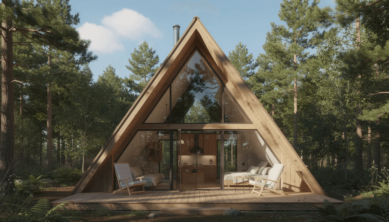 The image depicts an A frame style tiny cabin featuring large front windows that beautifully reflect the surrounding trees and blue sky embodying the essence of tiny living This well engineered tiny home provides a perfect blend of nature and modern design ideal for those pursuing a sustainable lifestyle in a tiny home community