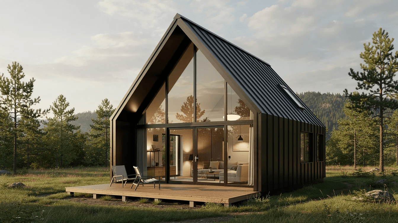 6df76776c74d4a8bbe1d83bb06e1e957 The image depicts a modern metal A frame house showcasing its sleek exterior walls and distinctive triangular roof design ideal for a vacation home or primary residence This tiny house features a customizable floor plan highlighting the efficient use of space with a cozy living area and loft emphasizing its structural integrity and quality materials