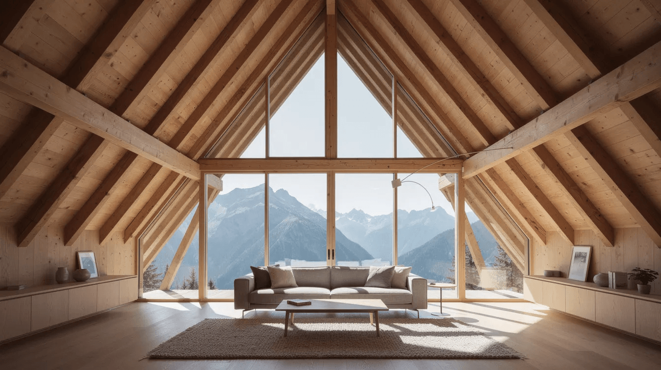 6e79dbdf8e444758893c9ee4cc750c52 The interior view of a modern A frame house showcases exposed timber beams and a vaulted ceiling with floor to ceiling windows that offer a stunning mountain view filling the living space with natural light This unique triangular shape and open floor plan create a cozy yet spacious atmosphere perfect for a vacation home
