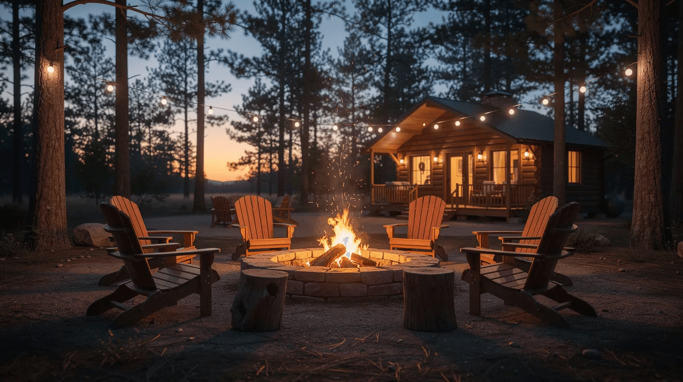 The image depicts a charming log cabin exterior at dusk featuring a cozy firepit surrounded by outdoor seating and illuminated by string lights creating a warm and inviting atmosphere perfect for gatherings This dream cabin showcases rustic appeal and exceptional craftsmanship ideal for a full time residence or a peaceful getaway in nature