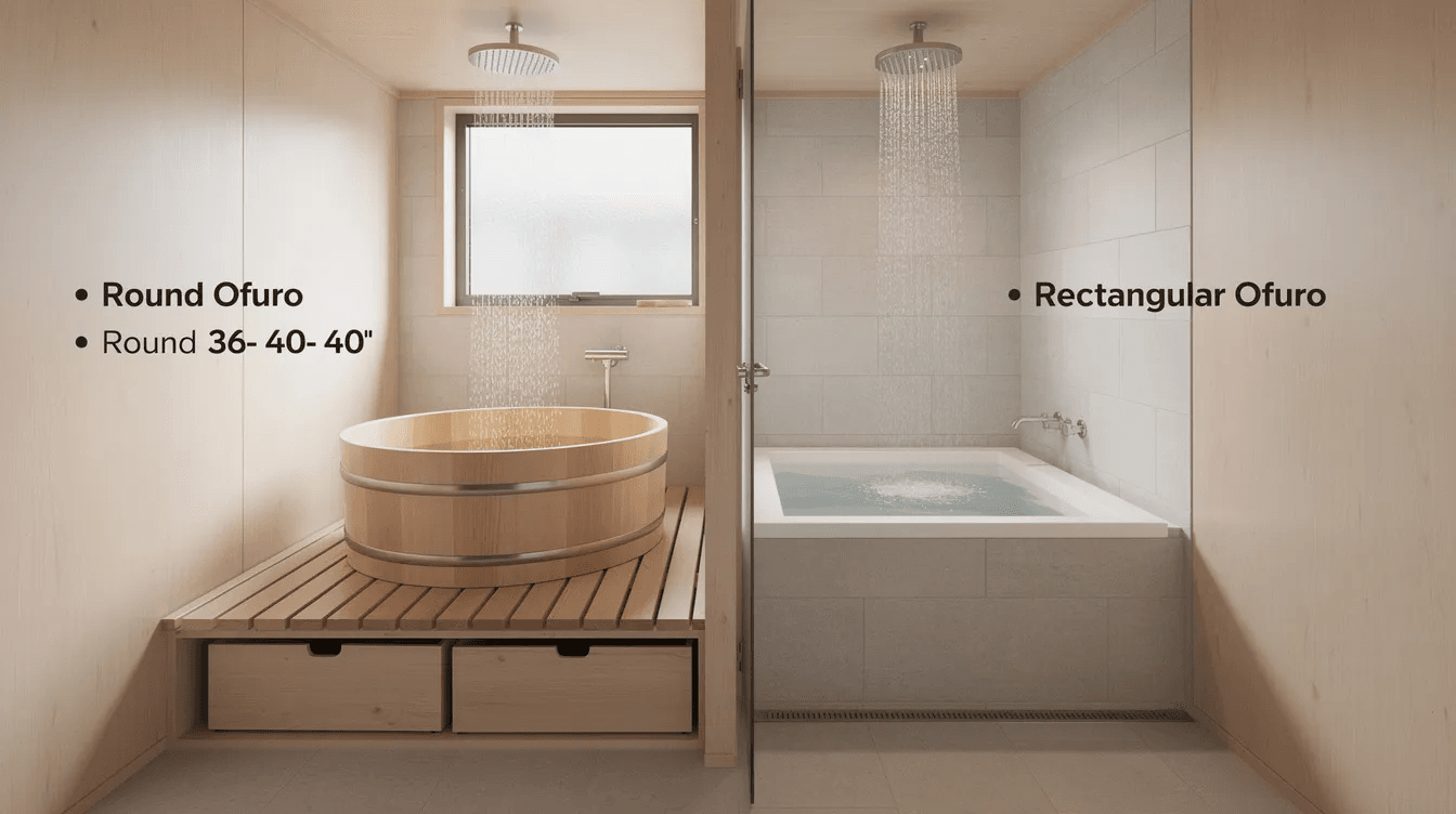 7395eb9d76ae42f280d632155232af16 The image showcases a tiny house bathroom featuring both a round and a rectangular Japanese soaking tub The round tub with its spacious design contrasts with the rectangular tub that fits snugly against the wall highlighting the importance of space conservation in tiny living