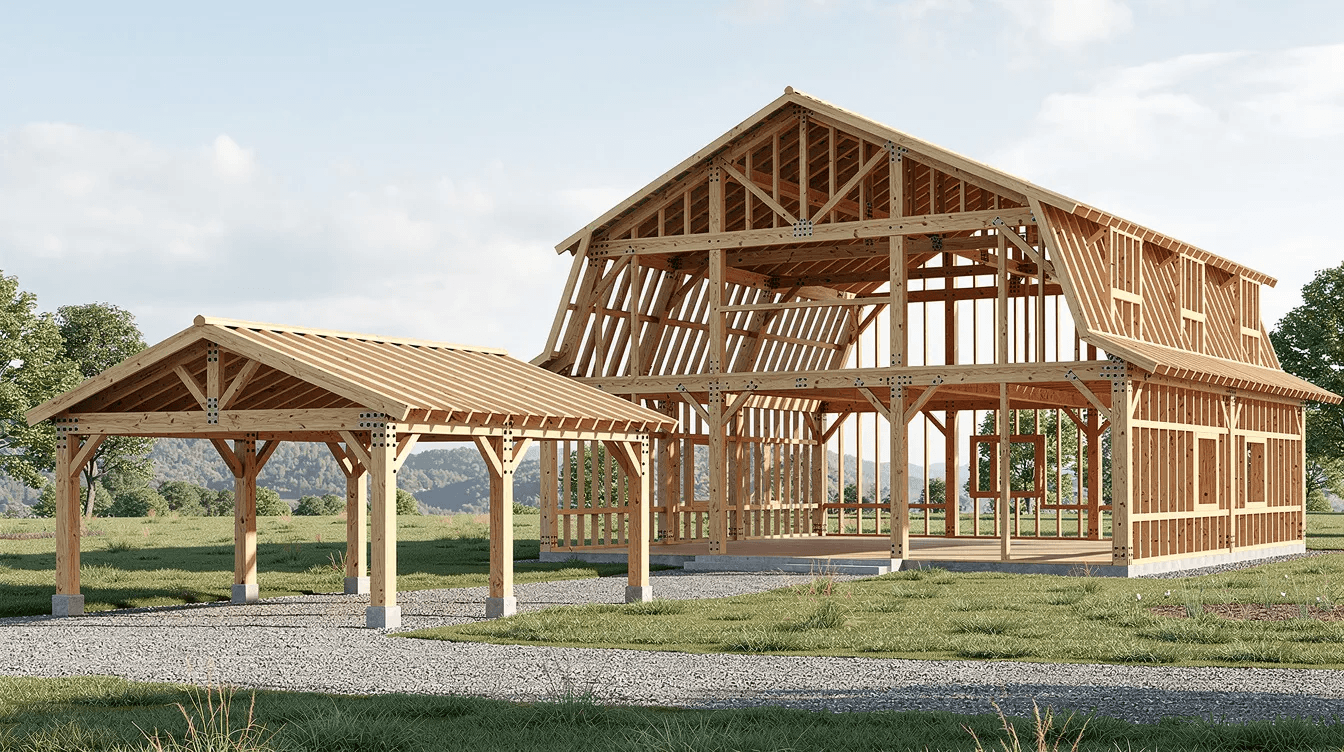 750dceec2e4c4d45a9cc05c02a91c1af The image showcases a timber frame structure featuring exposed beams and large spans ideal for barns pavilions and cabins It highlights pre cut kits that arrive with detailed instructions for easy assembly showcasing the quality and customization options available for various project sizes