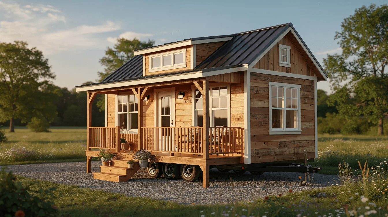 This image showcases an exterior view of a charming cottage style tiny house on wheels featuring beautiful cedar siding and a cozy covered front porch The design reflects modern living with its premium materials and compact layout making it a perfect tiny home for those seeking an enjoyable and affordable lifestyle