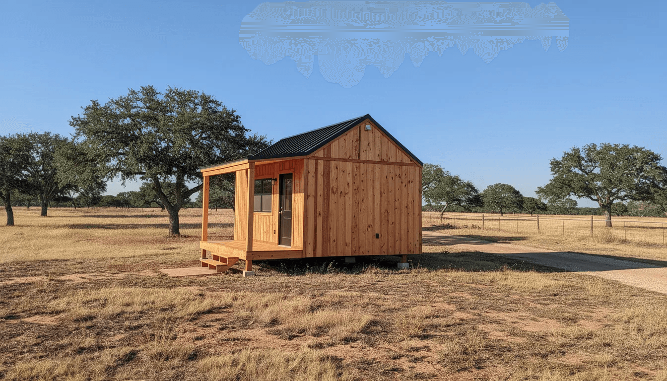 A small wooden tiny house with a metal roof is nestled among oak trees on rural Texas land under a clear blue sky This charming home embodies the tiny home movement offering a perfect blend of simplicity and freedom in a picturesque setting