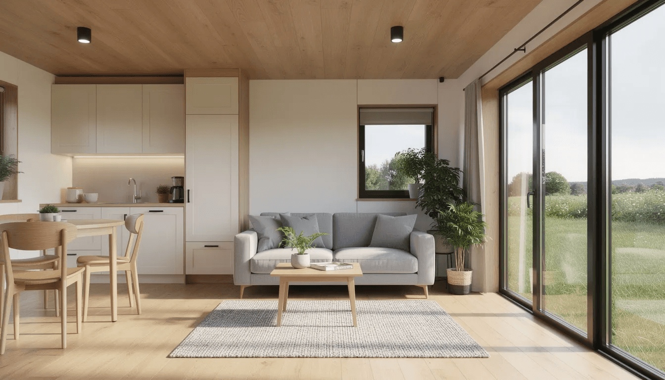 The image depicts the interior of a cozy 2 bedroom portable cabin featuring an open plan living area with a wooden ceiling and large windows that allow for ample natural light This inviting space showcases wood paneling and a comfortable layout perfect for a modern tiny home or vacation cabin retreat