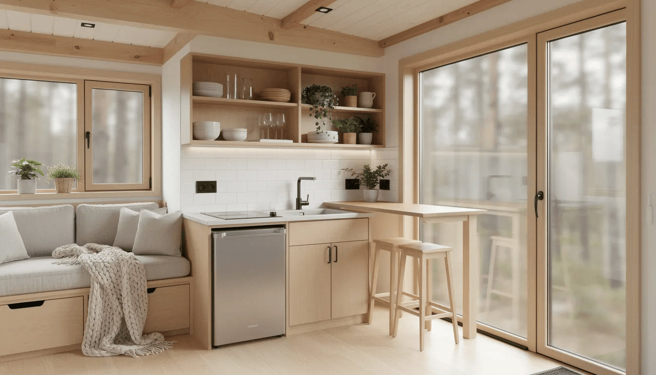 The image depicts a cozy tiny house interior featuring large windows that allow natural light to flood the space complemented by light wood finishes and an efficient kitchen setup showcasing the charm of tiny home living This inviting atmosphere highlights the many benefits of choosing a tiny house as a dream home in Virginia