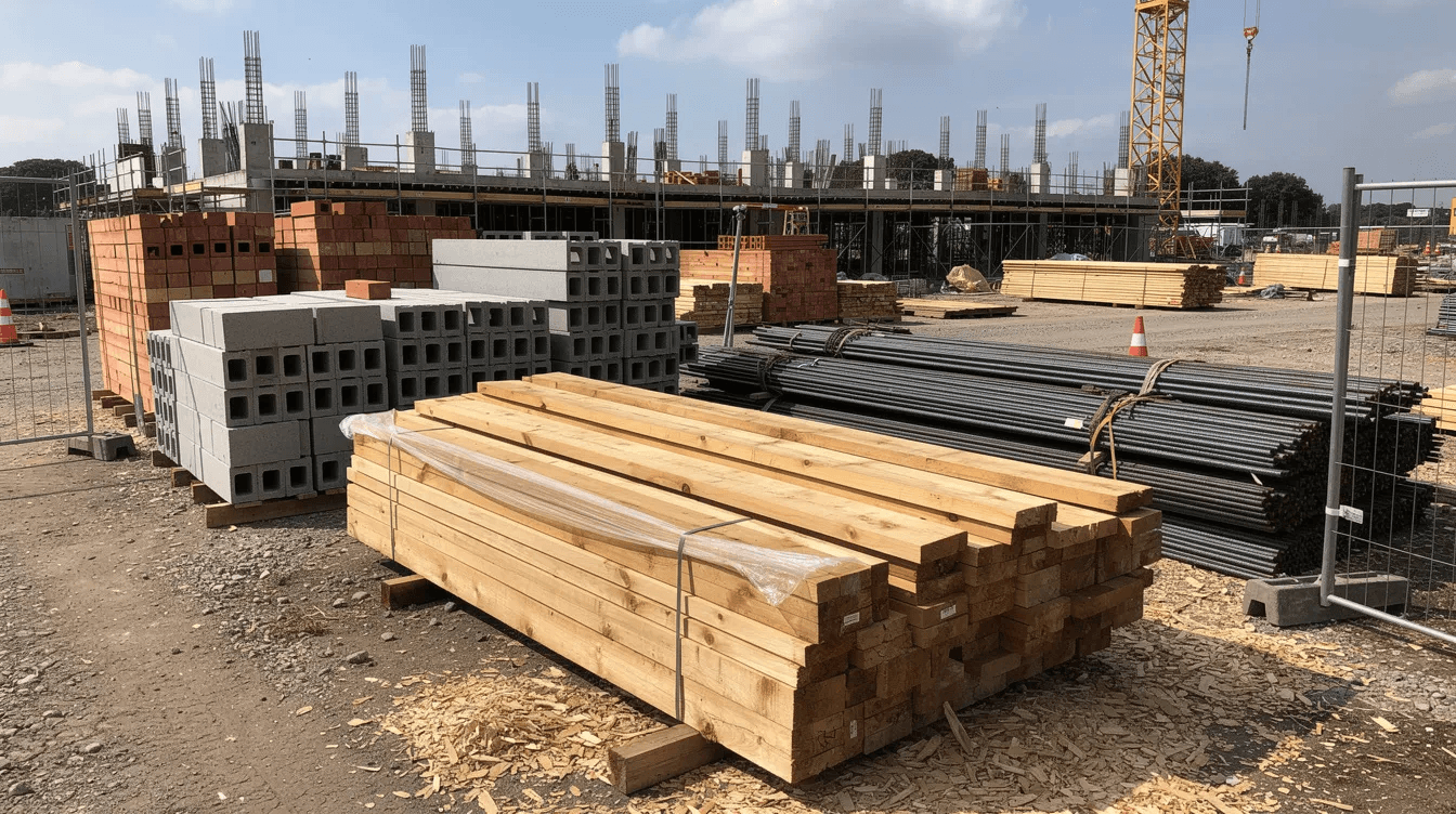 The image shows a construction site with stacks of lumber and various building materials ready for the assembly of a tiny house This site is ideal for creating a cozy living area with ample usable floor space reflecting the ongoing tiny house craze