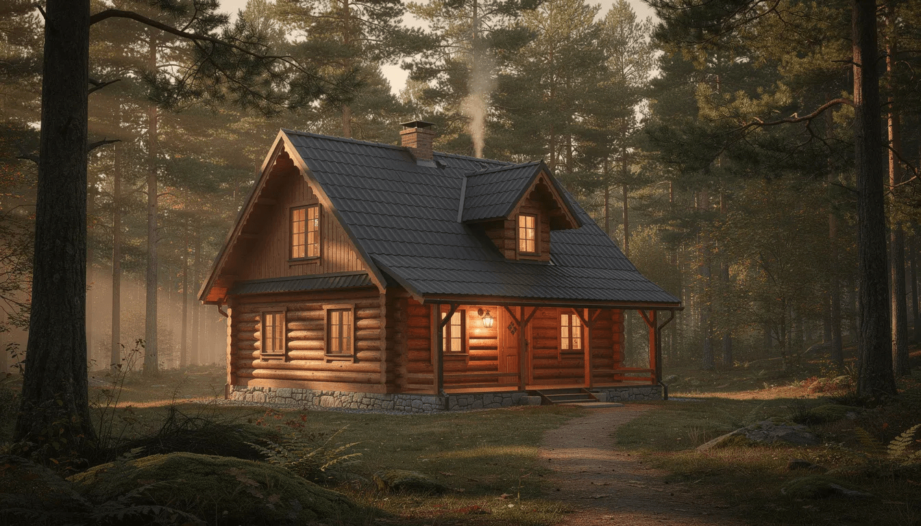 A cozy wooden cottage resembling a log cabin sits nestled among tall pine trees in a serene forest clearing offering a perfect retreat for family vacations or a dream cabin getaway The steep roof and rustic charm of this kit home create an inviting atmosphere ideal for enjoying nature and extra space