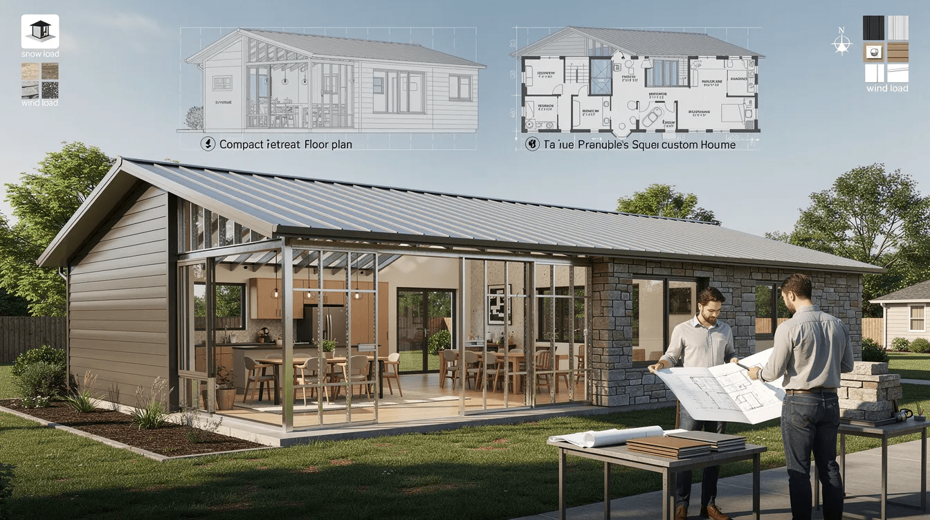 7c331f1bf23a474cbd07b2f2afe19f50 The image showcases a customizable metal frame home highlighting the flexibility of design with open interior spaces and minimal interior load bearing walls Various steel framing kits are displayed demonstrating options for wall panels roofing styles and exterior finishes like modern siding or classic stone all tailored to meet specific needs and local requirements