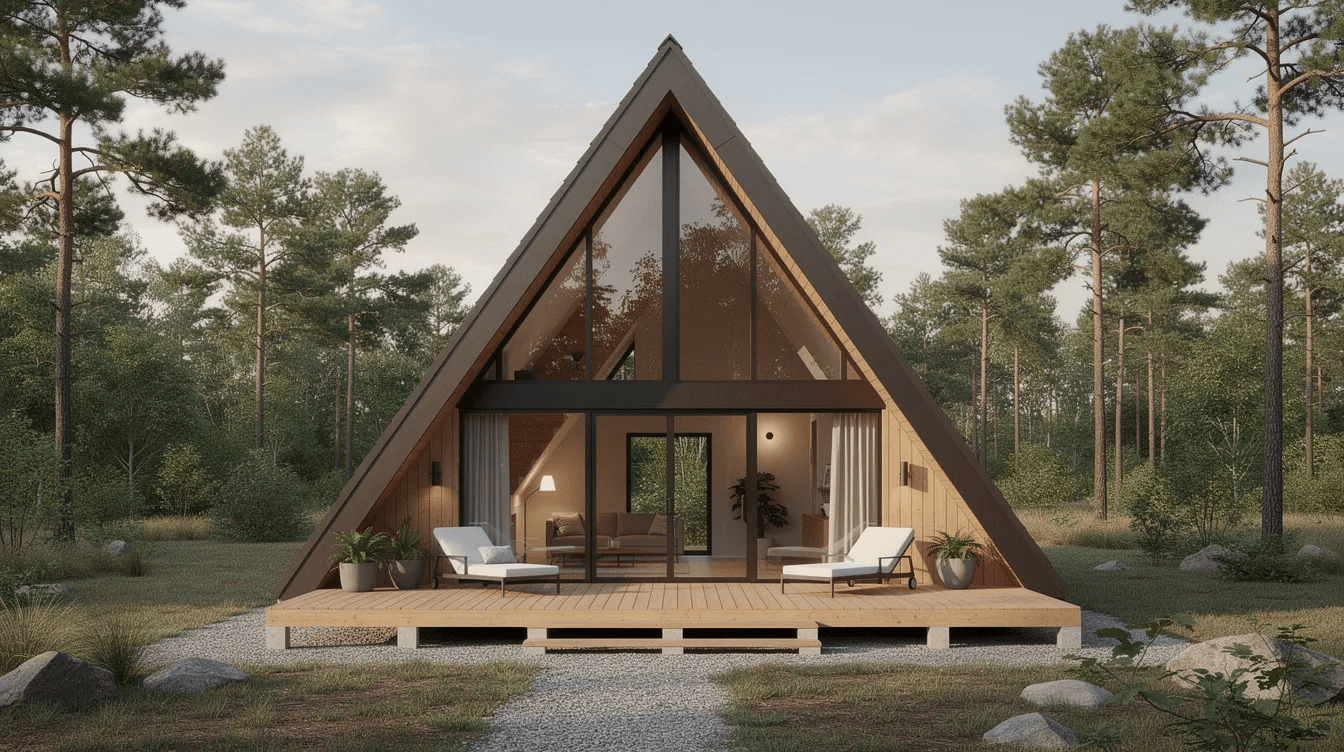 7c65c5efdbd94c89ae0e518ba35a1029 The image showcases a charming A frame kit home with a steeply pitched roof designed for efficient living and natural light This cozy vacation home features a welcoming porch and a spacious living area embodying a perfect blend of comfort and craftsmanship in a modern tiny house style