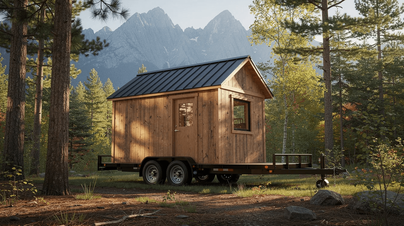 A small wooden cabin with a metal roof is mounted on a flatbed trailer parked in a serene wooded clearing with majestic mountains rising in the background This tiny house showcases the charm of modular cabins perfect for a peaceful getaway in nature
