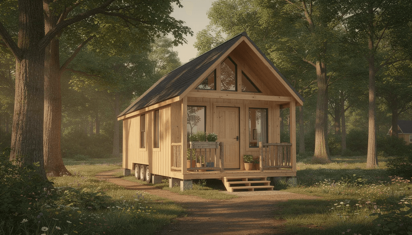 The image depicts a charming cottage style tiny house featuring wooden siding a gable roof and a welcoming front porch all nestled among lush trees This cozy two bedroom tiny house exemplifies the simplicity and efficiency of tiny living offering a warm and inviting space for family and guests