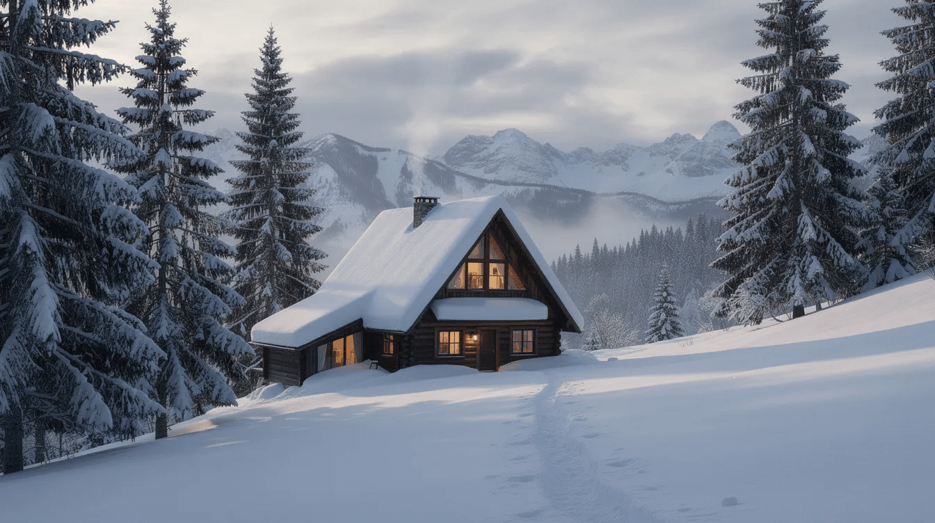 802a82c8ee4643408ed2a893735fe404 A snow covered A frame cabin is nestled among tall pine trees on a mountain slope showcasing its distinctive triangular shape and large windows that reflect the winter landscape This picturesque scene highlights the cabin's inviting presence as a perfect vacation home amidst heavy snowfall.