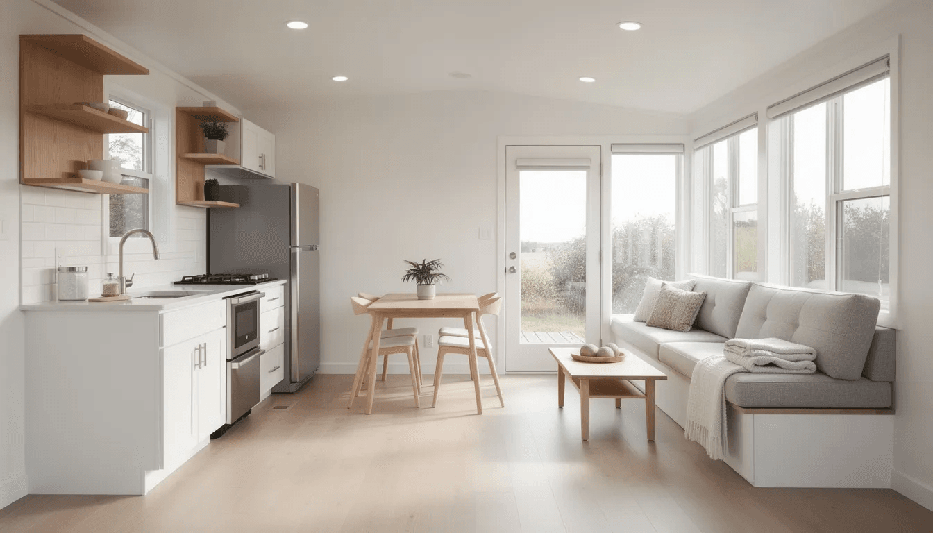The image depicts the interior of a bright open concept tiny home featuring a small kitchen a cozy dining area and a living space with large windows that invite natural light This 500 sq ft layout emphasizes minimalist living with modern amenities and built in storage solutions creating a functional and spacious environment for relaxation
