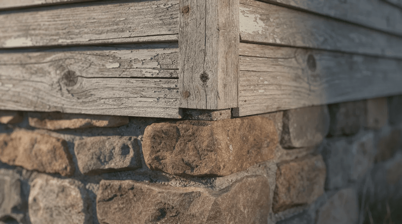 The image features a close up view of weathered wood siding seamlessly meeting a sturdy stone foundation showcasing the charming architectural style of a country home This combination of natural materials reflects the timeless appeal of country house designs emphasizing a rustic yet inviting atmosphere